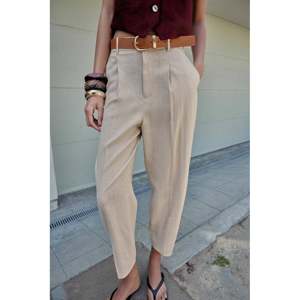 Zara Women Beige Linen Blend High Rise Pleated Tapered Cropped Pants Size M NEW